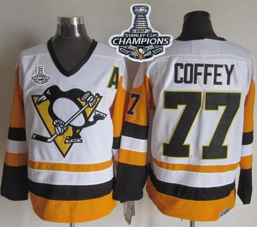Penguins #77 Paul Coffey White/Black CCM Throwback Stanley Cup Finals Champions Stitched NHL Jersey